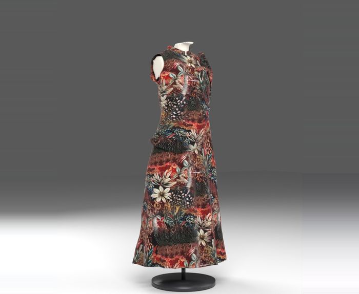 3D render of a printed sleeveless dress on a dress form