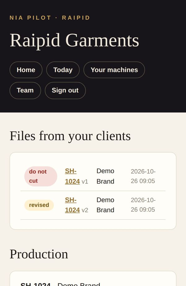 Factory home on a phone: files from clients with an old version marked do not cut, and production by stage