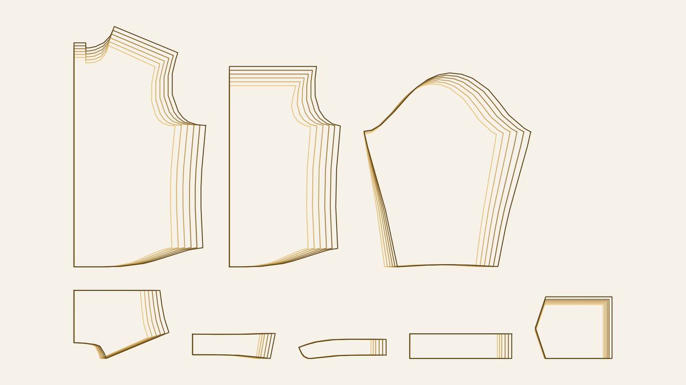 Graded shirt pattern pieces: front, back, sleeve, collar, cuffs and pocket, nested in every size